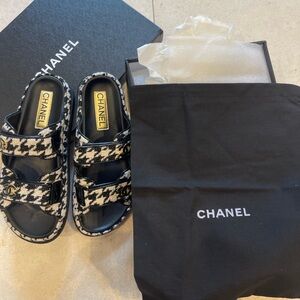 Chanel black and white tweed sandals